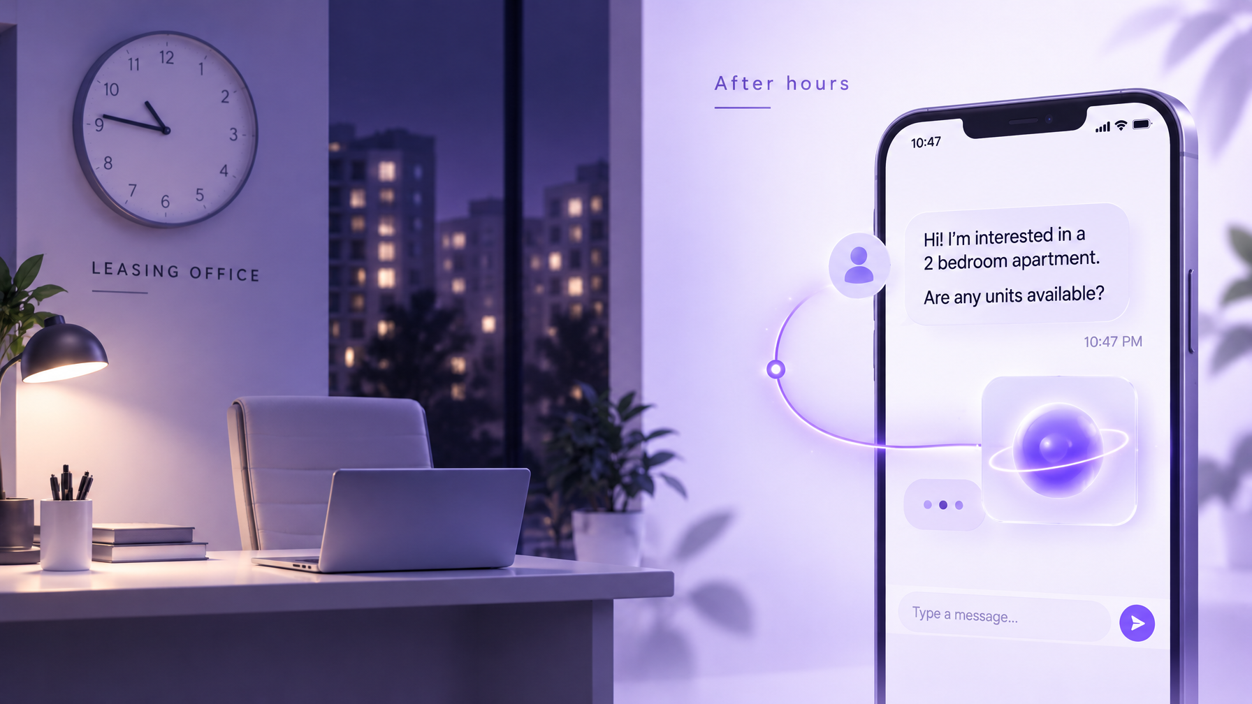 Quiet leasing office at night beside a smartphone with an after-hours renter inquiry